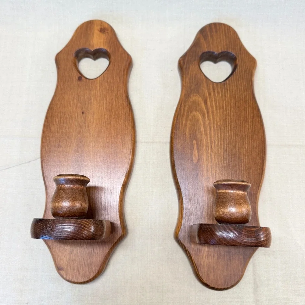 Vintage Wood Wall Sconce Candle Holder Pair Heart Cutout Country Farmhouse Brown